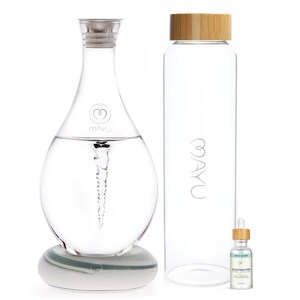 Triple Bundle - MAYU Swirl Water Pitcher (earth base) + 1.5L | 51oz Glass Bottle Water Container + Electrolyte Water Drops