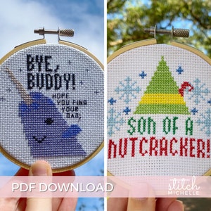 Small Christmas Ornament Cross Stitch Patterns, Son of a Nutcracker, Bye Buddy Narwhal, Elf Cross Stitch Pattern, PDF instant download