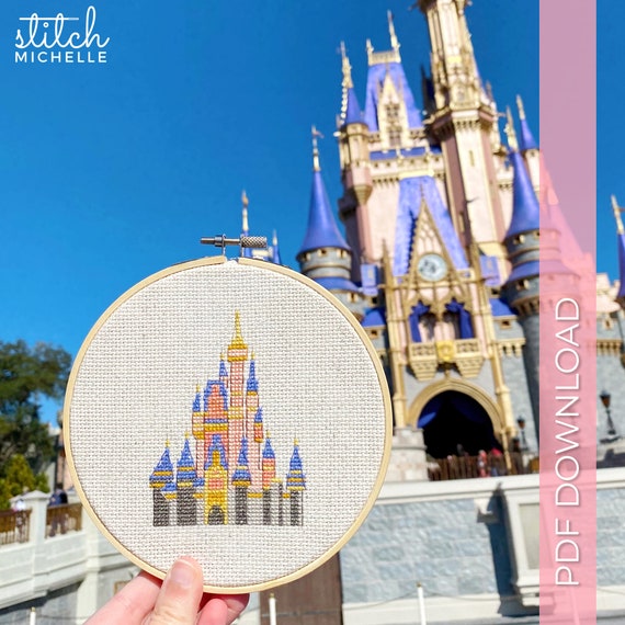 Magic Castle Cross Stitch Pattern: Pink and Gold Design (PDF Download)