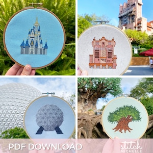 Four Magic Cross Stitch Patterns Bundle! Castle, Tower, Spaceship, and Tree PDF instant downloads