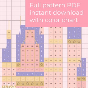 May include: A cross-stitch pattern of a castle with a pink, yellow, and purple color scheme. The pattern includes stars and the text "Full pattern PDF instant download with color chart".