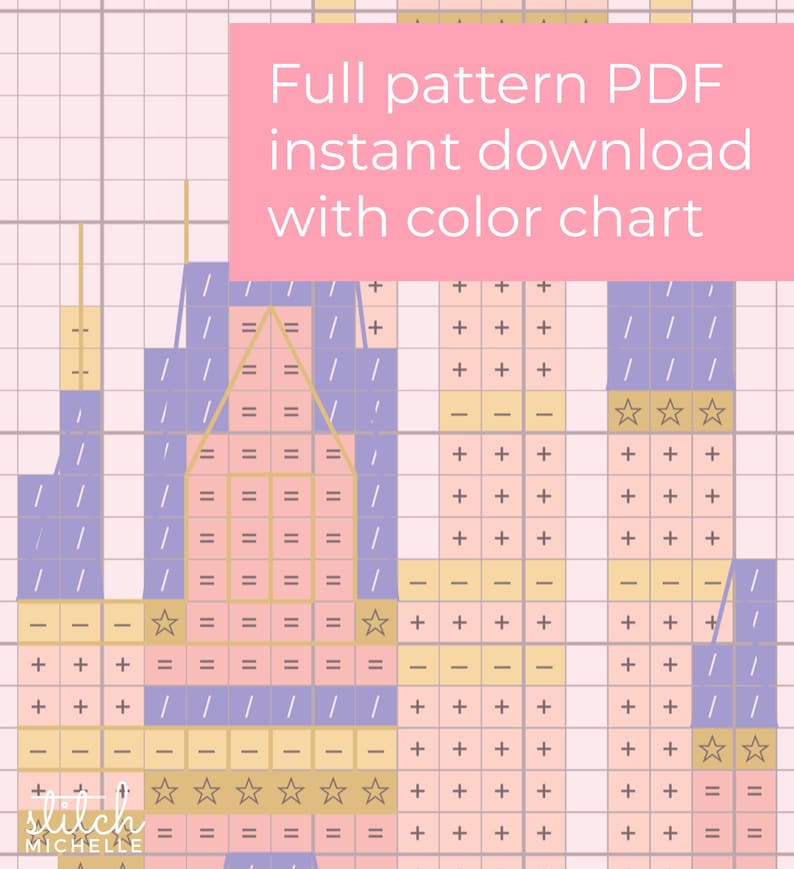 May include: A cross-stitch pattern of a castle with a pink, yellow, and purple color scheme. The pattern includes stars and the text "Full pattern PDF instant download with color chart".