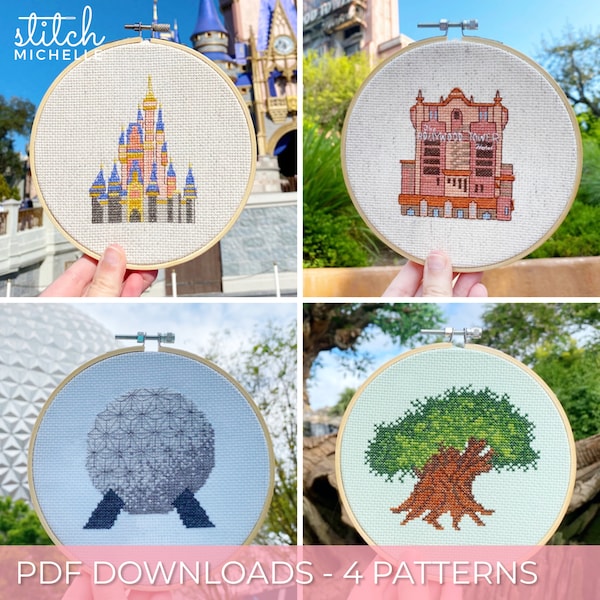 Four Magic Cross Stitch Patterns Bundle! Castle, Tower, Spaceship, and Tree PDF instant downloads