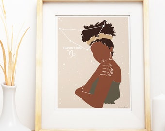 Black Girl Capricorn Zodiac Print, Capricorn Zodiac Constellation, Natural Black Girl Art Print, Digital Download