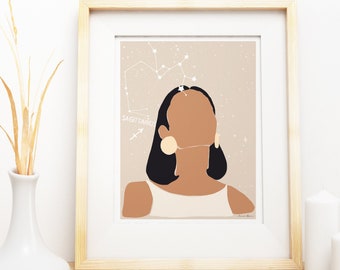 Black Girl Sagittarius Zodiac Print, Sagittarius Zodiac Constellation, Natural Black Girl Art Print, Digital Download