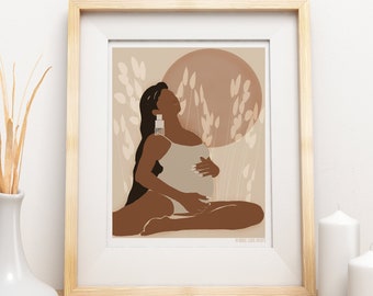 Moon Mama Art Print, African American Mother Art, Black Woman Pregnant Art, Plant Art, Full Moon Illustration Art- Digital Download