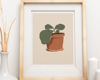 Fiddle Fig Leaf Art, Plant Art, Botanical Art Print, Terra-cotta Pot Botanical Wall Art, Plant Illustration Art, Abstract Illustration Art