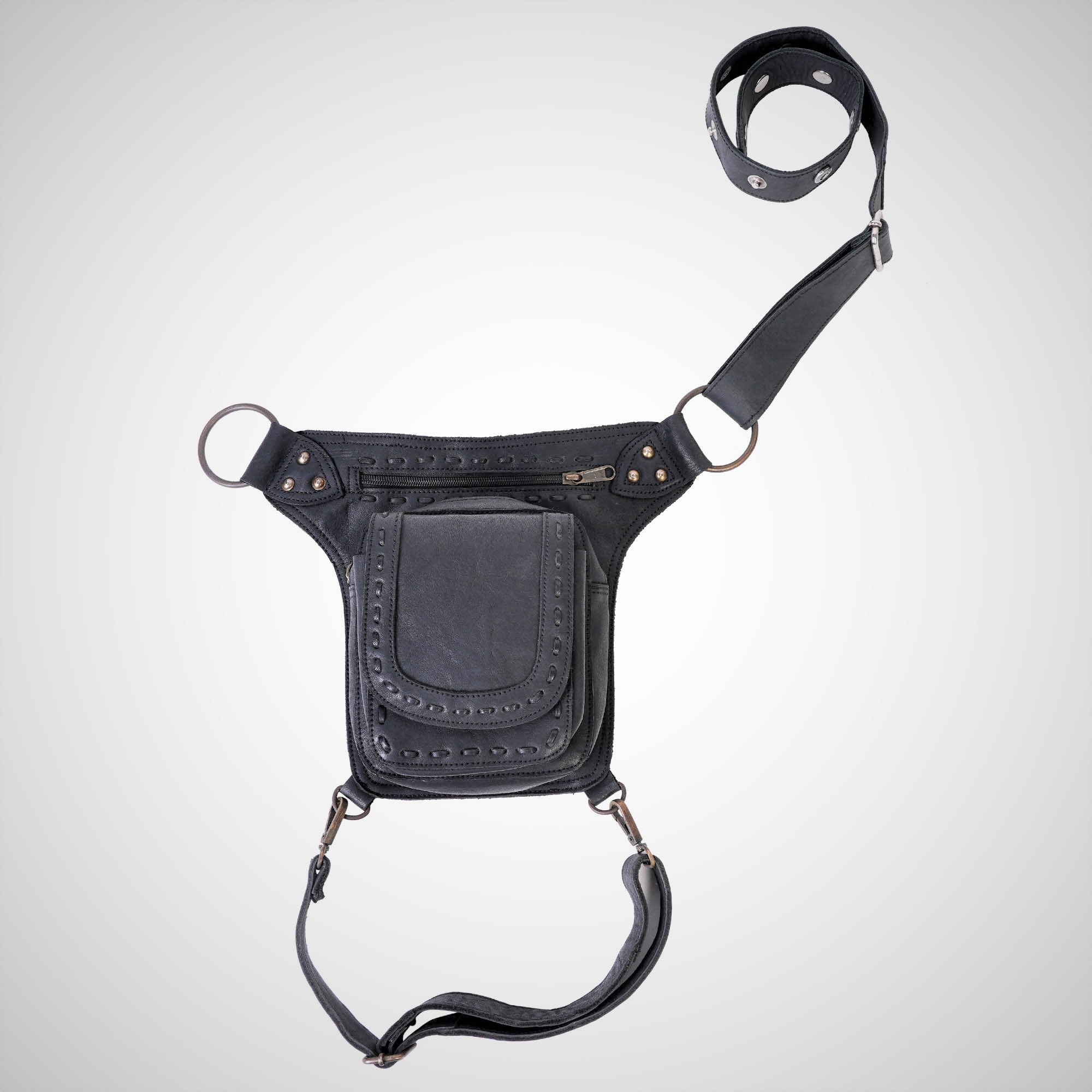 Black Leather Utility Bag with Leg Strap Doubles as Etsy