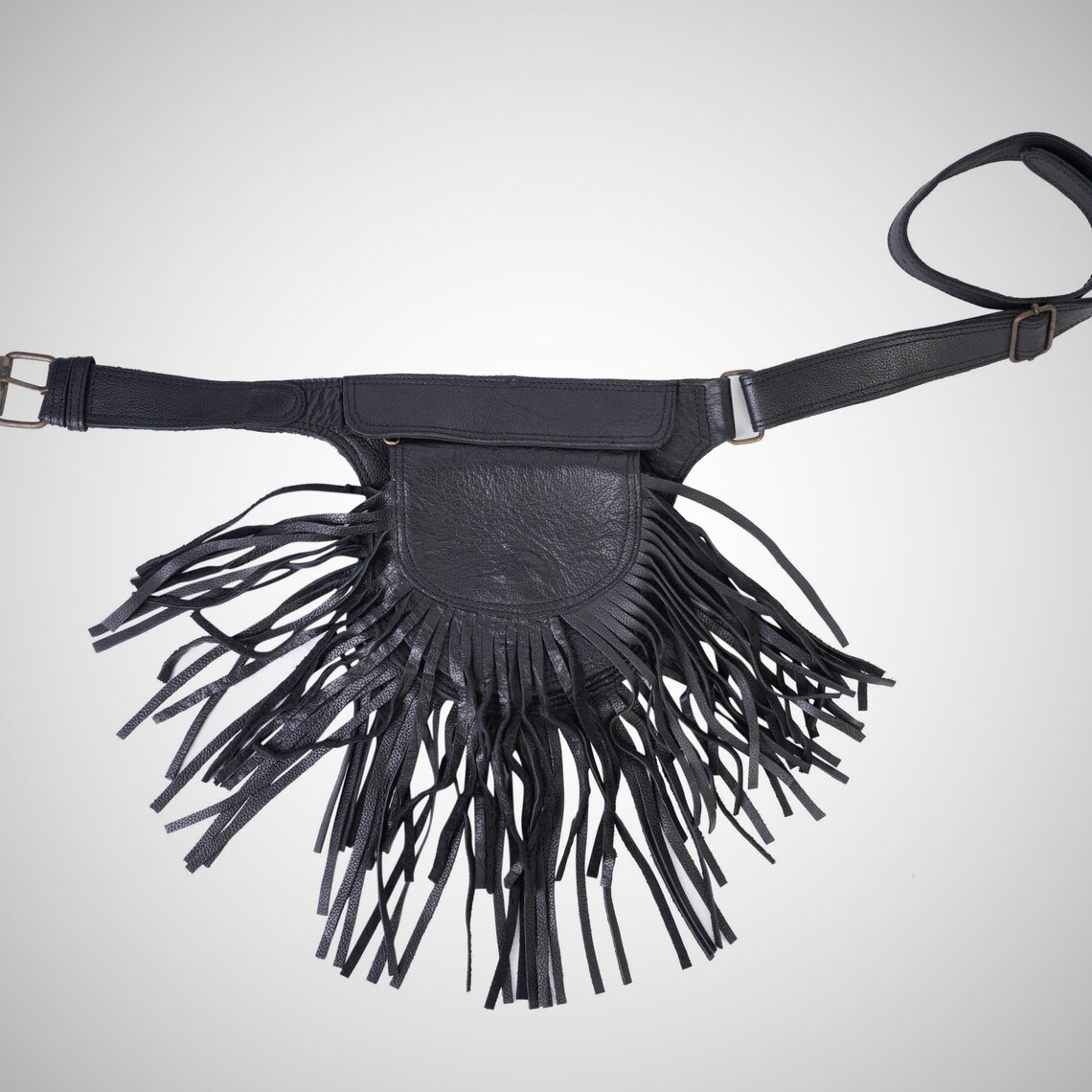 Leather belt bag fringe hip bag black leather fanny pack Etsy