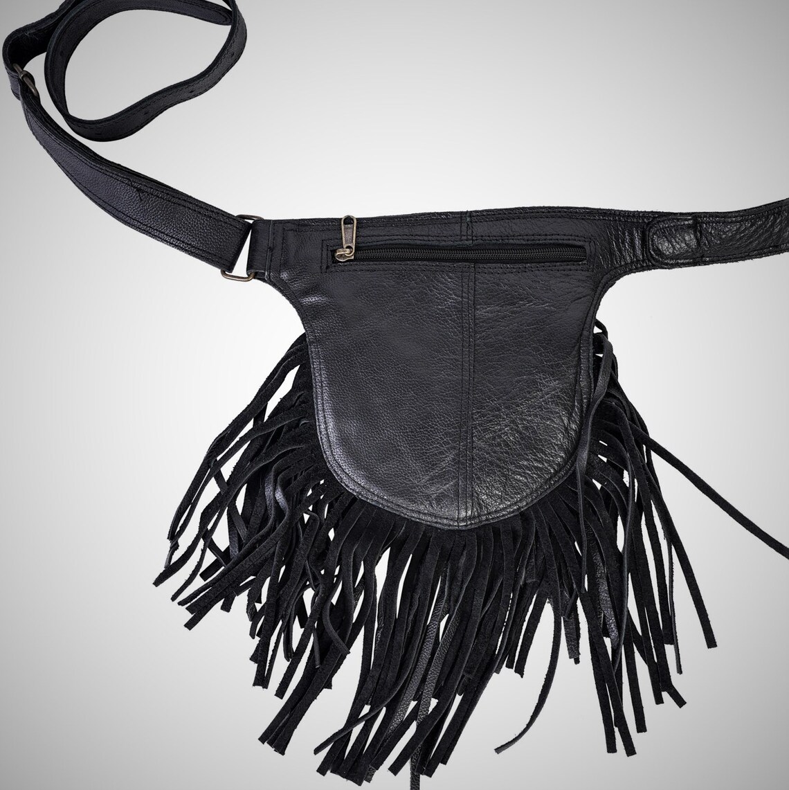 Leather belt bag fringe hip bag black leather fanny pack Etsy