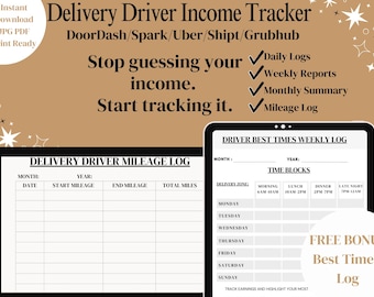 Registro de ingresos para repartidores | Registro de ganancias de DoorDash, Uber y Spark | Registro de gastos y kilometraje | Planificador de presupuesto para trabajadores independientes | PDF imprimible