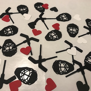 Hockey Goalie Confetti Valentine Edition, Mini Goalie Sticks Helmets Hearts, Hockey Confetti