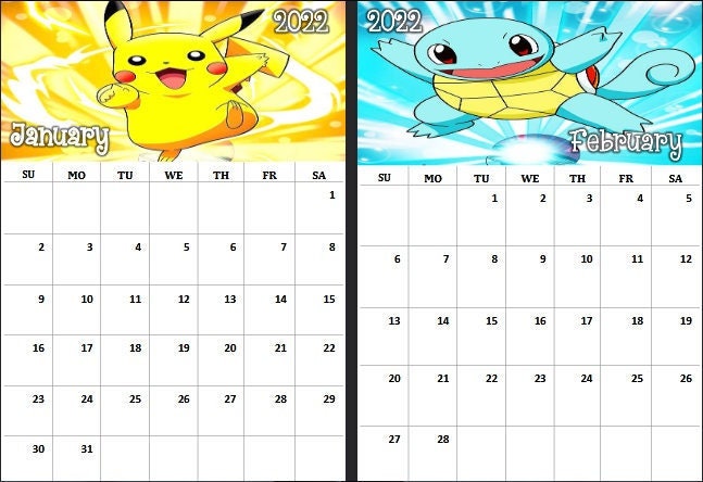 Pokemon Calendar 2022 Calendar Pokemon 2022 Monthly Calendar In A4 Printable Pdf | Etsy Uk