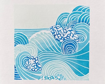 Waves Linocut Print: Seascape Mini Art, Limited Edition