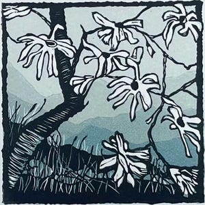 Linocut Print - Blooming Marvellous - Mini Print - Original Print - Magnolia - Wall Art - Flowers