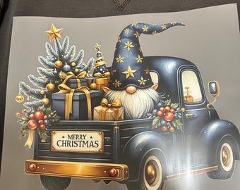 Merry Christmas with a Cute  Gnome sitting in blue pick up truck