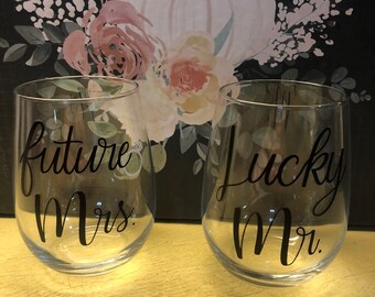 His and Hers Engagement Stemless Wine glass Set