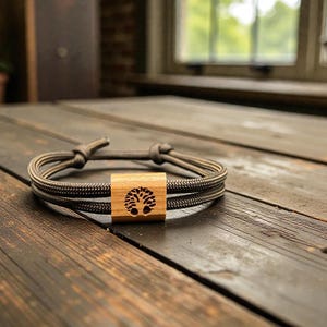 Könnte beinhalten: Ein handgefertigtes Armband mit einem dunkelgrauen geflochtenen Kordel. Das Armband hat eine quadratische Holzperle mit einem eingravierten Baumdesign. Das Armband liegt auf einer dunklen Holzoberfläche.