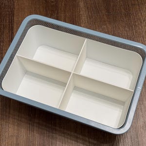May include: A blue plastic storage tray with a white divider, creating four compartments. The tray has a mesh design on the sides.