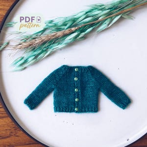 Può includere: Un piccolo cardigan lavorato a maglia di colore verde acqua con cinque bottoni verdi, presentato su un piatto bianco. Il testo "PDF pattern" è visibile. Sono presenti anche rametti decorativi verdi e marroni. Capo di abbigliamento in miniatura.