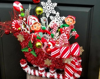 Red and White Centerpiece Elf Centerpiece Christmas Sleigh with Elves Centerpiece Christmas Centerpiece Elves In Sleigh Centerpiece