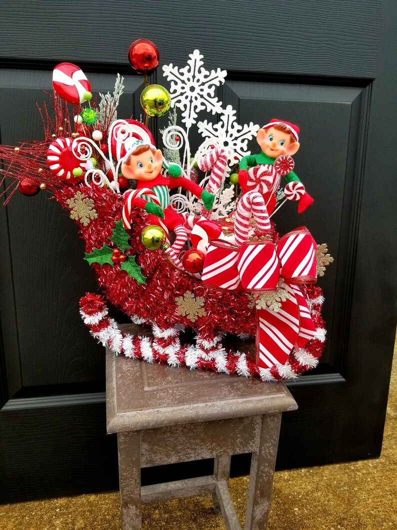 Red and White Centerpiece Elf Centerpiece Christmas Sleigh with Elves Centerpiece Christmas Centerpiece Elves In Sleigh Centerpiece
