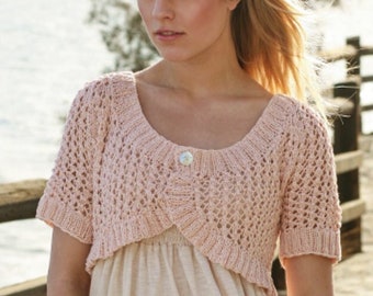 Knitted Bolero woven in Cotton with Openwork Stitch pattern and short Raglan Sleeves