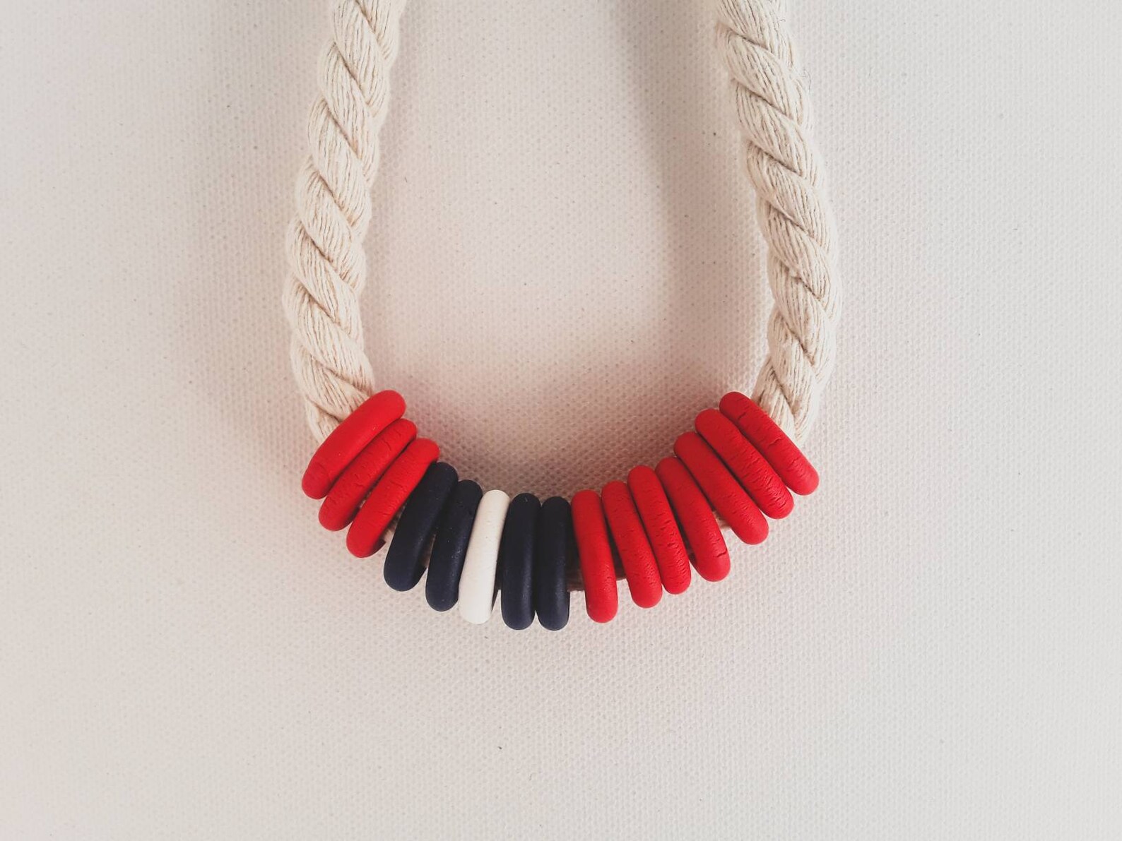 Cotton rope necklace red navy blue white ring shape beads Etsy