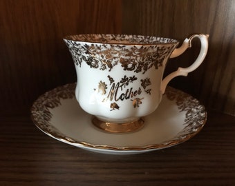 Mother’s Day Teacup and Saucer Set Royal Albert Bone China Gold Leaf and Filagree