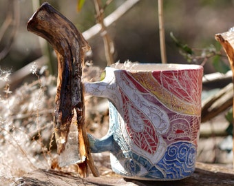 Handmade ceramic cup with wooden handle, ceramic tea set with ornament