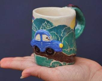 Crockery set for children, green children's cup with car and children's plate with motorway