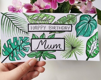 Handmade Birthday Leaf Card, Happy Birthday Card, Celebration Card, Tropical Leaves, Leaf Card, Botanical, Hand-painted Card, Birthday Card