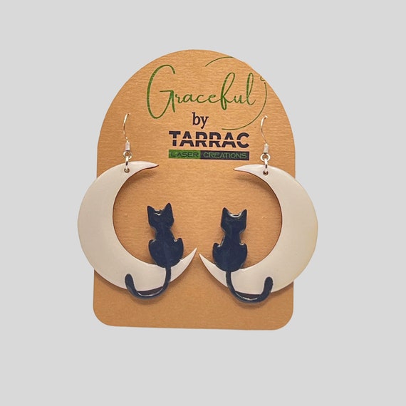 Spooky Cute Black Cat on The Moon Halloween Earrings
