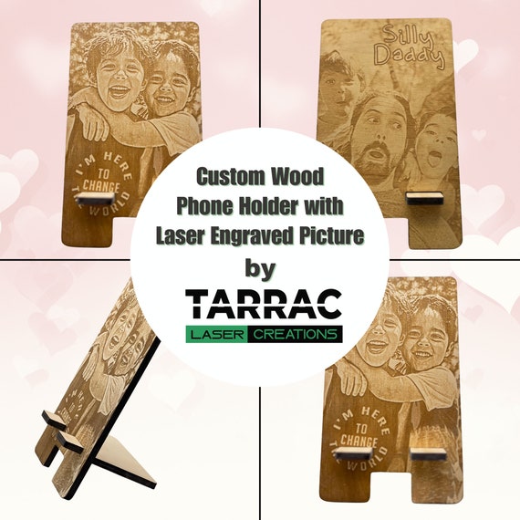 Personalized Wood Photo Phone Stand – Custom Laser Engraved Picture – Christmas Gift for Him / Her