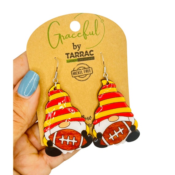 Cute Gnome Football KC Kansas Red Yellow Earrings