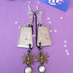 Unique dangly spider earrings, mini resin cleaver earrings, mini hatchet dangle earrings, holographic mini hatchet earrings, arachnid lover