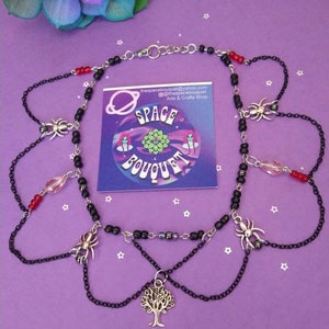 The webbed tree, Spider web choker necklace, beaded and crafted by hand, spider lovers choker necklace, 13 inch spider choker, red pink blac