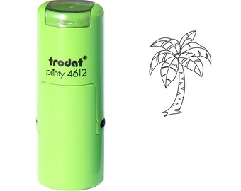 May include: A light green Trodat printy 4612 stamp with a black outline of a palm tree. The stamp is cylindrical with a clear top. The palm tree illustration is on a white background.