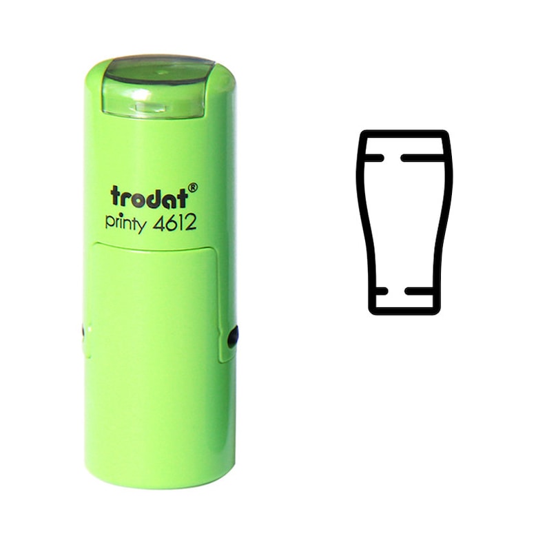 May include: A lime green self-inking stamp with the text "trodat printy 4612". The stamp has a black outline of a beer glass. The stamp is designed for quick and easy use.