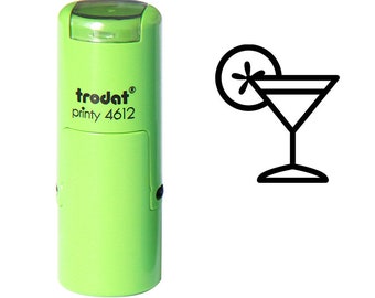 May include: A lime green Trodat printy 4612 stamp with a black cocktail glass icon. The stamp has a rectangular design with rounded edges. The cocktail glass icon features a martini glass with a lemon slice.