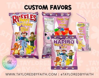 May include: Custom party favors featuring a pink and purple theme with the text "Happy Birthday Ellie!" and various cartoon characters. Includes Ruffles chips, Haribo candy, and a Mott's juice box, all personalized.