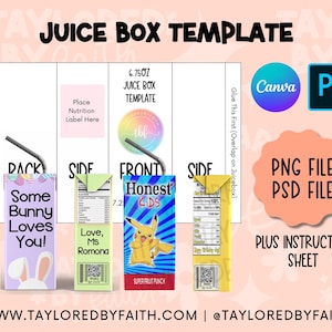 Op de afbeelding: Een sapboxsjabloon met de tekst "JUICE BOX TEMPLATE" bovenaan. De sjabloon bevat secties voor de voor-, achter- en zijkanten van de doos, met voorbeelddesigns met een konijn, Pikachu en voedingsetiketten. Inclusief Canva- en Photoshop-pictogrammen.