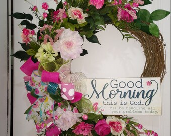 Inspirational Floral Grapevine Wreath, Pink Spring Decor