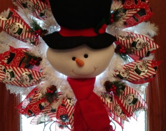 Snowman Wreath: Stuffed Snowman, Red Ribbon, Winter Door Decor