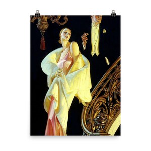 Art Deco Eleganz: J.C. Leyendecker 1925 Treppenhaus Paar Posterdruck, Vintage Wandkunst für stilvolle Wohnkultur