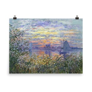 Impresión de Claude Monet "Atardecer marino", 1875: Impresionante póster de arte mural para decoración del hogar, obra de arte impresionista de paisaje marino.