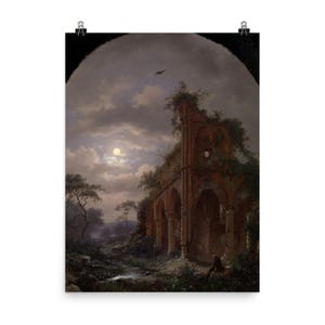 Monk Meditating at Ruins by Moonlight Poster Print Kruseman 1862 - Vintage Art Wall Decor for Zen Spaces