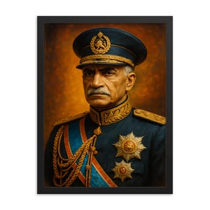 Impressão emoldurada de retrato de Reza Shah Pahlavi – Arte de parede da realeza persa, decoração histórica iraniana, presente de líder vintage, exposição elegante de galeria