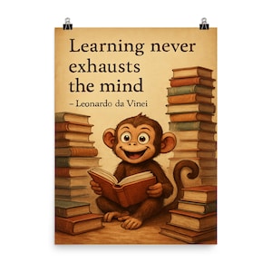 Curious Monkey Wandkunst mit Büchern, inspiriert von da Vinci Zitat | Einzigartiger Lernposter für das Heimdekor