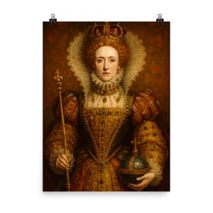 Elizabeth I vorstelijk portret poster print | Historisch Tudor-muurkunstdecor | Majestueuze illustratie van de koningin van Engeland